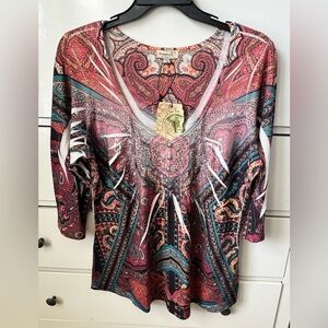 ONE WORLD Pink Red Graphic 3/4 Sleeve Blouse